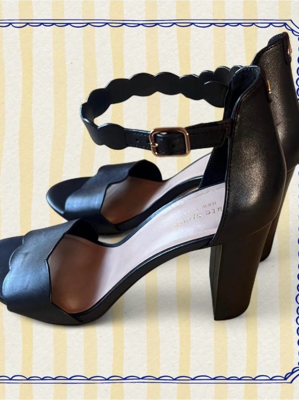 Kate Spade New York Black Leather Scallop Ankle-Strap Block Heel Sandals - Picture 5 of 6